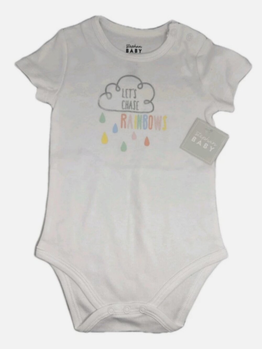 NWT Stephan Baby Snapshirt 6-12 mo Onesie Let's Chase Rainbows White Bodysuit